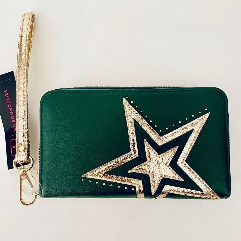 NWT No Boundaries Hunter Green w/ Gold Star Zip All Around Wristlet Wallet